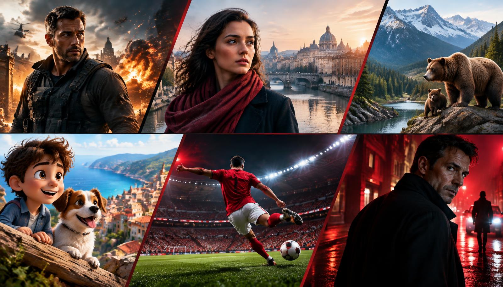Collage met films, series, natuur, familie-entertainment en voetbal