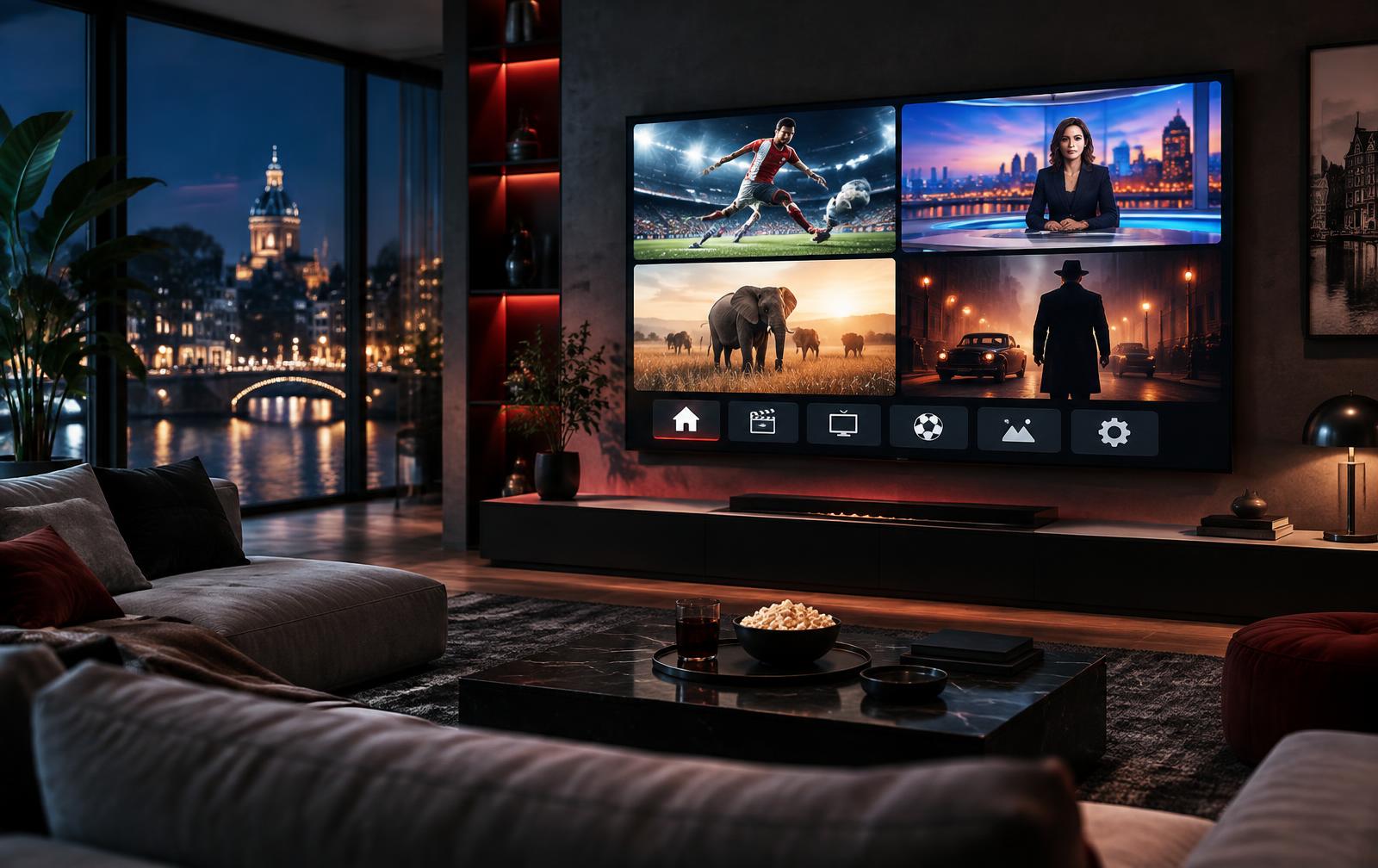 Moderne woonkamer met televisie waarop sport, nieuws, natuur en films te zien zijn